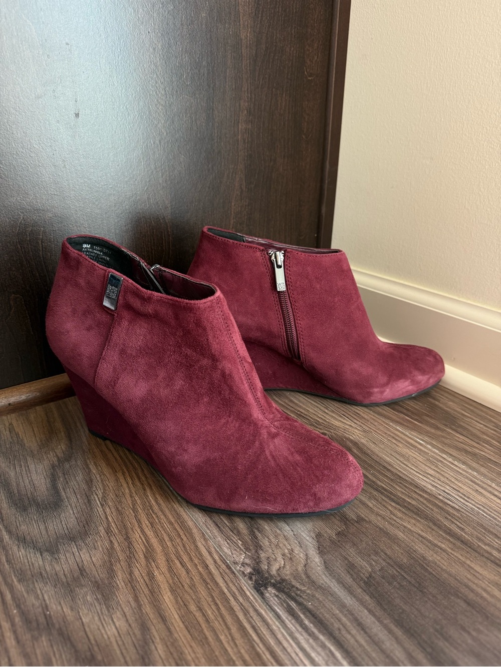 Anne Klein Burgundy Suede Wedge Booties